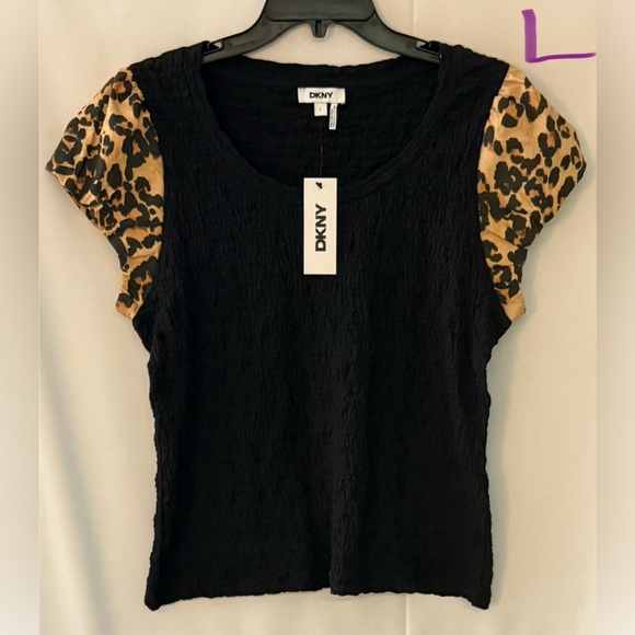Dkny Tops - DKNY Black Top with Tan Leopard Print Sleeves